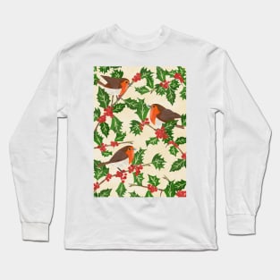 Three little paper cut robins on a holly bush Long Sleeve T-Shirt